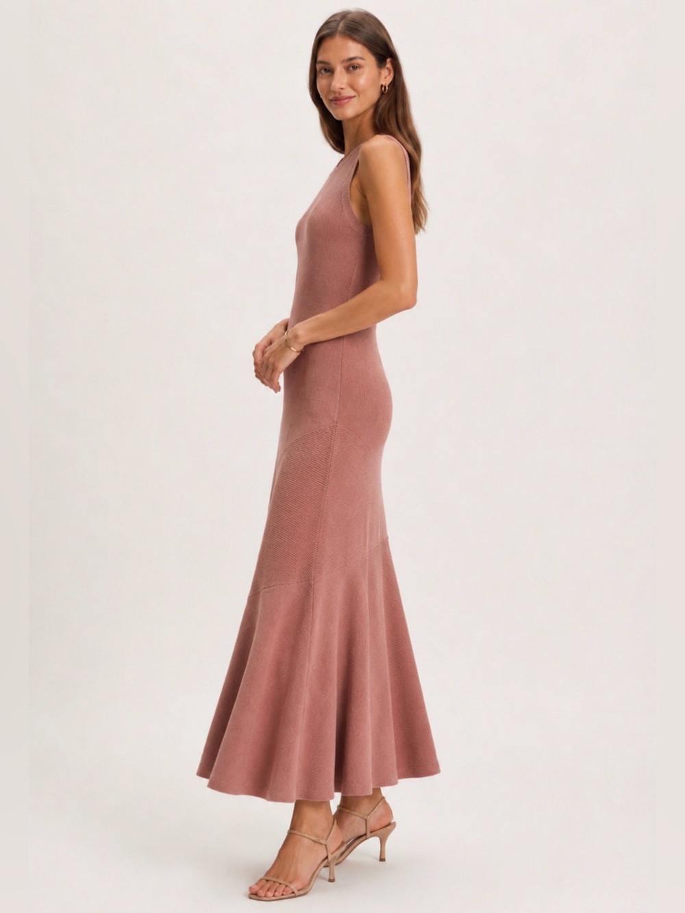 12 STOREEZ Dusty Rose Sleeveless Ribbed Knit Maxi Dress XS Soft Flare Hem - Picture 4 of 14